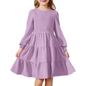 Arshiner Girls Dress Fall Boho Long Sleeve Shirred Smocked Tiered Party Dresses with Pockets(Lavender)