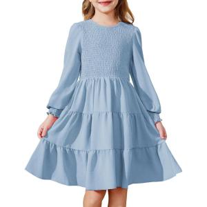 Arshiner Girls Dress Fall Boho Long Sleeve Shirred Smocked Tiered Party Dresses with Pockets(Light Blue)