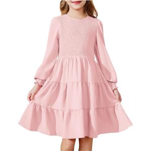 Arshiner Girls Dress Fall Boho Long Sleeve Shirred Smocked Tiered Party Dresses with Pockets(Light Pink)
