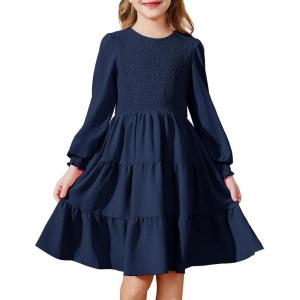 Arshiner Girls Dress Fall Boho Long Sleeve Shirred Smocked Tiered Party Dresses with Pockets(Navy Blue)