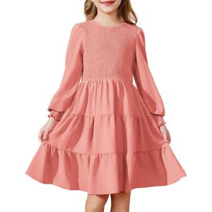 Arshiner Girls Dress Fall Boho Long Sleeve Shirred Smocked Tiered Party Dresses with Pockets(Pink)