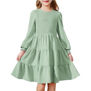 Arshiner Girls Dress Fall Boho Long Sleeve Shirred Smocked Tiered Party Dresses with Pockets(Sage Green)