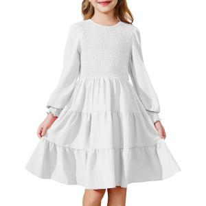 Arshiner Girls Dress Fall Boho Long Sleeve Shirred Smocked Tiered Party Dresses with Pockets(White)