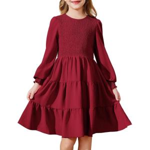 Arshiner Girls Dress Fall Boho Long Sleeve Shirred Smocked Tiered Party Dresses with Pockets(Wine Red)