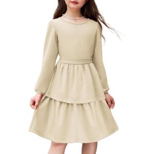 Arshiner Girls Dress Fall Sparkly Glitter Puff Sleeves Layer Party Dresses with Belt(Cream Color)