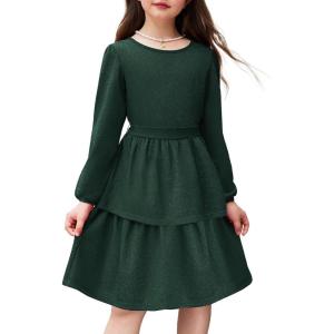 Arshiner Girls Dress Fall Sparkly Glitter Puff Sleeves Layer Party Dresses with Belt(Dark Green)