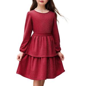 Arshiner Girls Dress Fall Sparkly Glitter Puff Sleeves Layer Party Dresses with Belt(Deep Red)