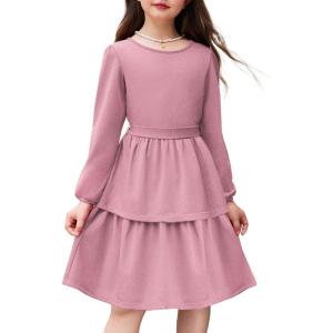Arshiner Girls Dress Fall Sparkly Glitter Puff Sleeves Layer Party Dresses with Belt(Dirty Pink)