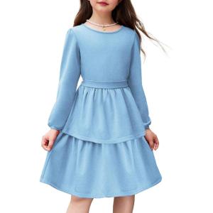 Arshiner Girls Dress Fall Sparkly Glitter Puff Sleeves Layer Party Dresses with Belt(Light Blue)