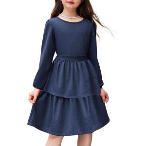 Arshiner Girls Dress Fall Sparkly Glitter Puff Sleeves Layer Party Dresses with Belt(Navy Blue)