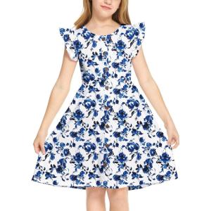 Arshiner Girls Dress Flutter Sleeve A-Line Button Down Sundress Casual Midi Dresses for 4-12 Years Kids(Blue Flower)