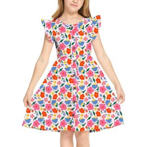 Arshiner Girls Dress Flutter Sleeve A-Line Button Down Sundress Casual Midi Dresses for 4-12 Years Kids(Colorful Flower)