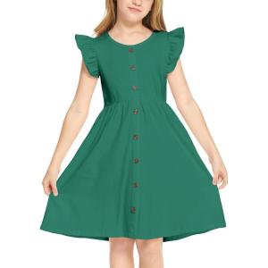 Arshiner Girls Dress Flutter Sleeve A-Line Button Down Sundress Casual Midi Dresses for 4-12 Years Kids(Dark Green)