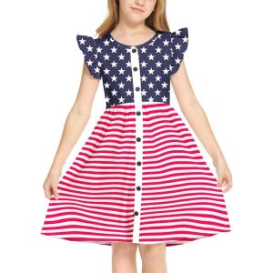 Arshiner Girls Dress Flutter Sleeve A-Line Button Down Sundress Casual Midi Dresses for 4-12 Years Kids(Flag)