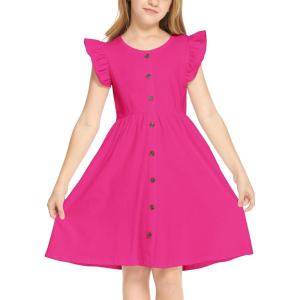 Arshiner Girls Dress Flutter Sleeve A-Line Button Down Sundress Casual Midi Dresses for 4-12 Years Kids(Hot Pink)