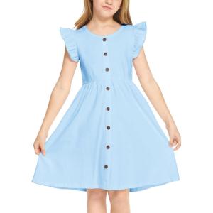 Arshiner Girls Dress Flutter Sleeve A-Line Button Down Sundress Casual Midi Dresses for 4-12 Years Kids(Light Blue)