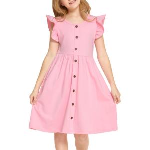 Arshiner Girls Dress Flutter Sleeve A-Line Button Down Sundress Casual Midi Dresses for 4-12 Years Kids(Pink)