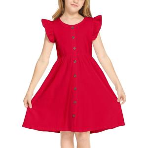 Arshiner Girls Dress Flutter Sleeve A-Line Button Down Sundress Casual Midi Dresses for 4-12 Years Kids(Red)