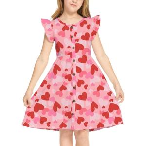Arshiner Girls Dress Flutter Sleeve A-Line Button Down Sundress Casual Midi Dresses for 4-12 Years Kids(Red Heart)