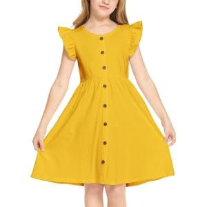 Arshiner Girls Dress Flutter Sleeve A-Line Button Down Sundress Casual Midi Dresses for 4-12 Years Kids(Yellow)