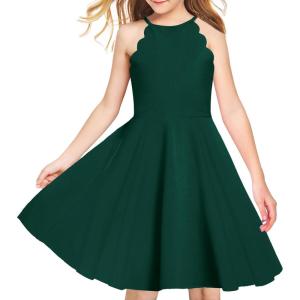 Arshiner Girls’ Dress Halter Neck Summer Sundress Sleeveless Elegant A-line Pockets Party Dress(Dark Green)
