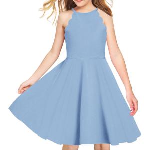 Arshiner Girls’ Dress Halter Neck Summer Sundress Sleeveless Elegant A-line Pockets Party Dress(Light Blue)