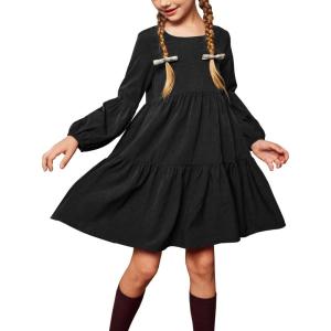 Arshiner Girls Dress Long Sleeve A Line Loose Swing Ruffle Tunic Dresses(Black)