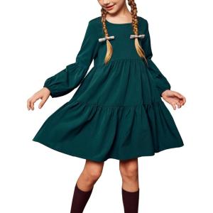Arshiner Girls Dress Long Sleeve A Line Loose Swing Ruffle Tunic Dresses(Dark Green)