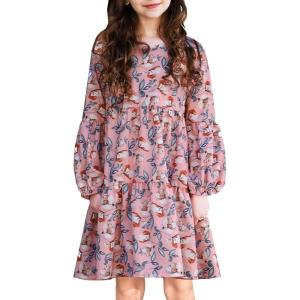 Arshiner Girls Dress Long Sleeve A Line Loose Swing Ruffle Tunic Dresses(Pink Floral 3)