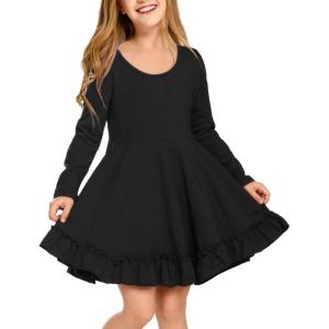Arshiner Girls Dress Long Sleeve A Line Twirly Skater Loose Casual/Party Dresses with Pocket(Black)