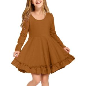 Arshiner Girls Dress Long Sleeve A Line Twirly Skater Loose Casual/Party Dresses with Pocket(Brown)