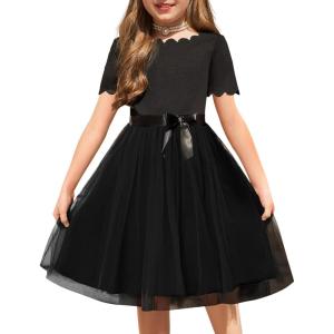 Arshiner Girls Dress Tutu Fluffy Summer Dresses Belted Wedding Party Flower Girls’ Dress Size 3-11 Years(Black)