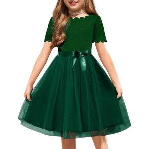 Arshiner Girls Dress Tutu Fluffy Summer Dresses Belted Wedding Party Flower Girls’ Dress Size 3-11 Years(Dark Green)