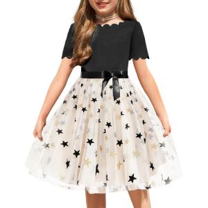 Arshiner Girls Dress Tutu Fluffy Summer Dresses Belted Wedding Party Flower Girls’ Dress Size 3-11 Years(Khaki Stars)