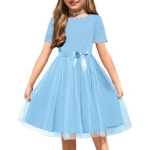 Arshiner Girls Dress Tutu Fluffy Summer Dresses Belted Wedding Party Flower Girls’ Dress Size 3-11 Years(Light Blue)
