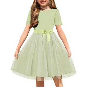 Arshiner Girls Dress Tutu Fluffy Summer Dresses Belted Wedding Party Flower Girls’ Dress Size 3-11 Years(Light Green)