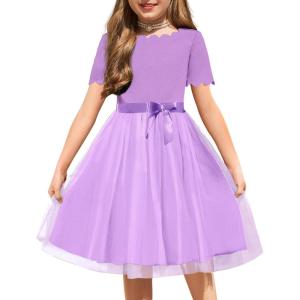 Arshiner Girls Dress Tutu Fluffy Summer Dresses Belted Wedding Party Flower Girls’ Dress Size 3-11 Years(Light Purple)