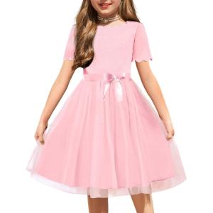 Arshiner Girls Dress Tutu Fluffy Summer Dresses Belted Wedding Party Flower Girls’ Dress Size 3-11 Years(Pink)