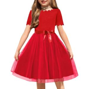Arshiner Girls Dress Tutu Fluffy Summer Dresses Belted Wedding Party Flower Girls’ Dress Size 3-11 Years(Red)