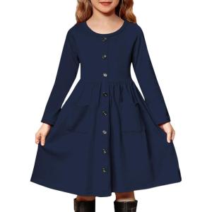 Arshiner Girl’s Dresses Button Down Midi Long Sleeve Casual Sundress A-line Dress with Pockets(A-navy Blue)