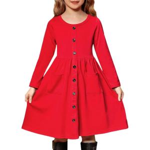 Arshiner Girl’s Dresses Button Down Midi Long Sleeve Casual Sundress A-line Dress with Pockets(A-red)
