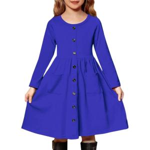Arshiner Girl’s Dresses Button Down Midi Long Sleeve Casual Sundress A-line Dress with Pockets(A-royal Blue)