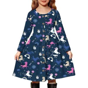 Arshiner Girl’s Dresses Button Down Midi Long Sleeve Casual Sundress A-line Dress with Pockets(Blue Pony)