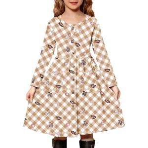 Arshiner Girl’s Dresses Button Down Midi Long Sleeve Casual Sundress A-line Dress with Pockets(Brown Bear)