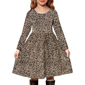 Arshiner Girl’s Dresses Button Down Midi Long Sleeve Casual Sundress A-line Dress with Pockets(Leopard)