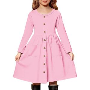 Arshiner Girl’s Dresses Button Down Midi Long Sleeve Casual Sundress A-line Dress with Pockets(Pink)