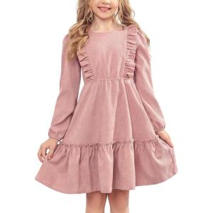 Arshiner Girls Dresses Casual Button Fall Winter Swing Dress(Pink)