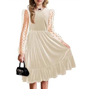 Arshiner Girls Dresses Contrast Mesh Velvet Long Sleeve A-Line Vintage Party Dress with Pockets(Apricot)