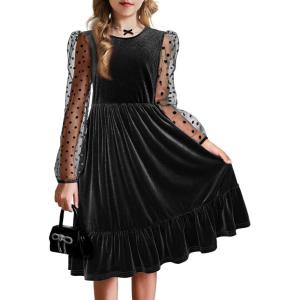 Arshiner Girls Dresses Contrast Mesh Velvet Long Sleeve A-Line Vintage Party Dress with Pockets(Black)