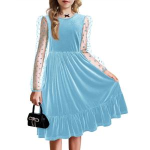 Arshiner Girls Dresses Contrast Mesh Velvet Long Sleeve A-Line Vintage Party Dress with Pockets(Light Blue)